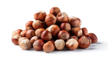 Obraz premium A pile of shelled nuts, brown and textured, against a white background