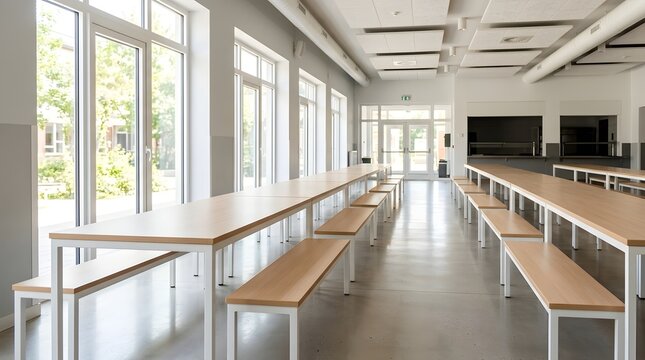 Modern School Cafeteria with Long Tables and Benches