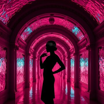 Elegant flapper silhouette in a vibrant pink and cyan futuristic hallway, reflecting a surreal glow.