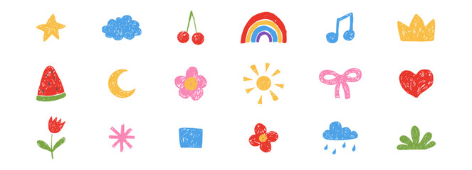 Obraz na płótnie Canvas Cute crayon pencil preschool kindergarten doodle icons set. Childish scribble rainbow, stars, sun and moon, flowers, crown in sketch style. 
