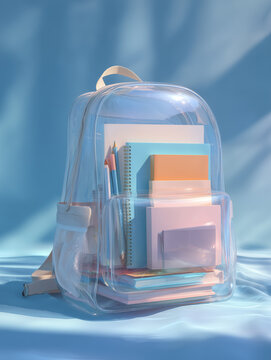 Conceptual still life photograph of a transparent backpack filled with pastel notebooks pens and a tablet placed on a light blue background.