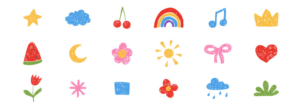 Cute crayon pencil preschool kindergarten doodle icons set. Childish scribble rainbow, stars, sun and moon, flowers, crown in sketch style. 