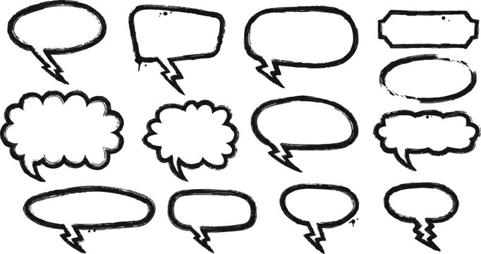 A collection of hand-drawn black speech bubbles and conversational frames in a street art or comic book style.