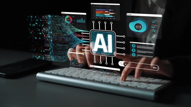 Futuristic Workspace with AI Technology Interface and Data Visualization on Keyboard in Dark Environment Sigmoid