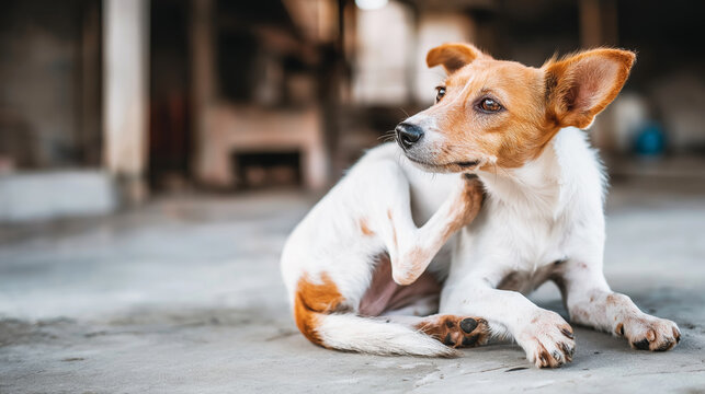 Dog using hind leg to scratch its side, showing discomfort or a common skin irritation. Pet wellness concept