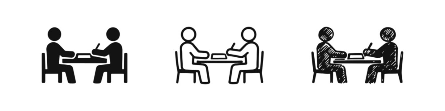 Two people discussing or interviewing icon set. Meeting, consultation, or job interview symbols in solid, line, and hand-drawn styles.
