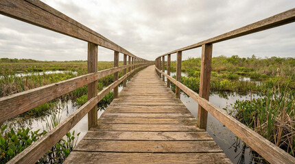 Obraz premium Elevated wooden walkway winding through wetlands under cloudy sky 