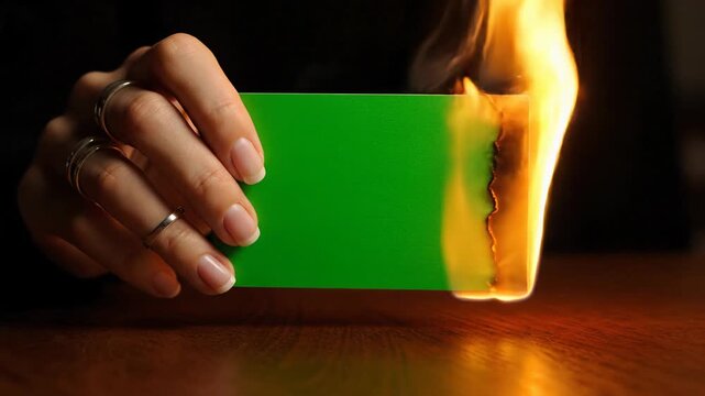 Female hand holding a burning paper card featuring a solid green screen surface over a wooden table against a dark background representing destruction emergency loss or business risk concepts