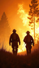 Fototapeta premium Two firefighters walk towards massive forest fire. Silhouettes are visible against intense flames, smoke, suggesting danger, challenging mission. They wear protective gear, prepared for intense heat.
