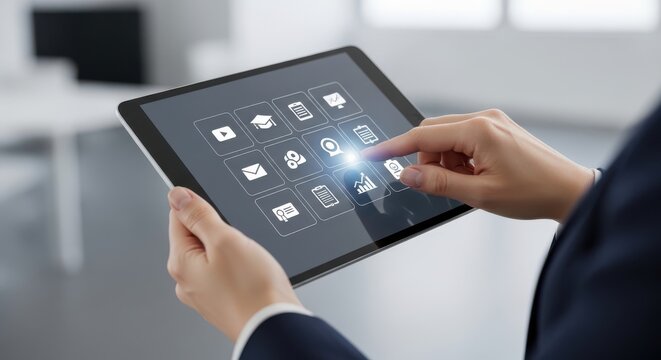 Professional using a digital tablet for business applications in an office setting