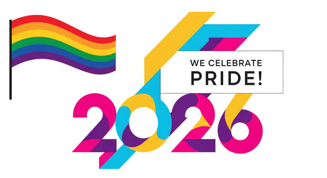 Image with colorful rainbow flag and abstract number 2026, representing Pride celebration and diversity, on white background