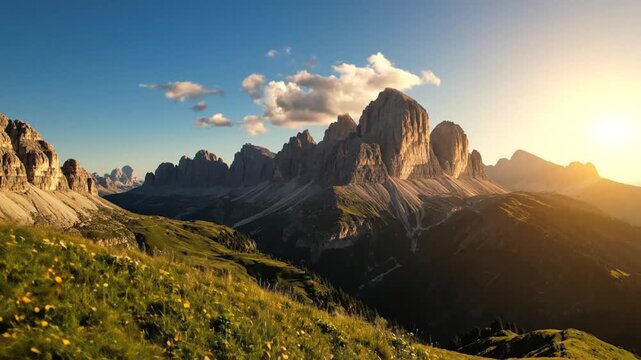 Panoramic view of the majestic Odle mountain range and Seceda peak during golden hour in the Italian Dolomites, showcasing rugged alpine cliffs, lush green slopes, and natural wilderness scenery.