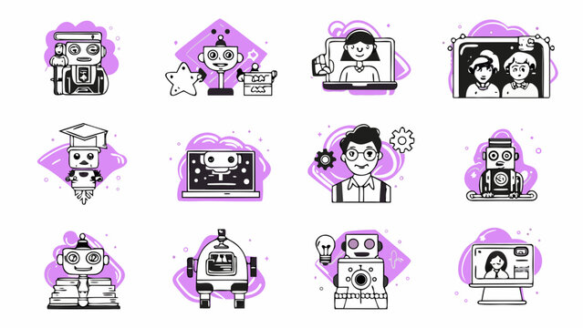 Illustrations depicting futuristic learning robots and virtual communication concepts