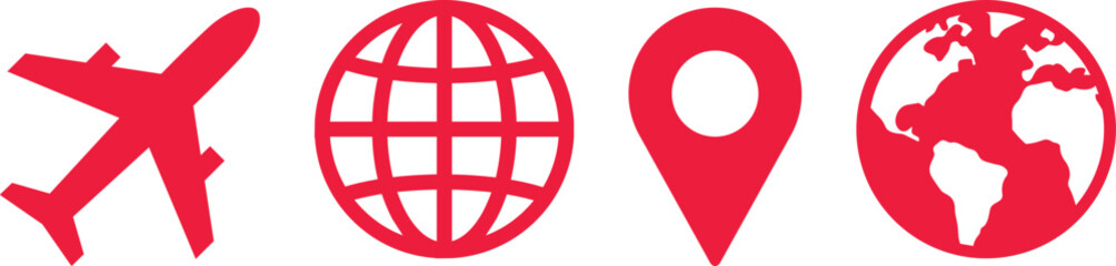 Journey icons set. Airplane icon. World map and Globe. Plane pictogram. Flight iconDesign for travel agency. Travel tourism, flight pictogram © zxr design