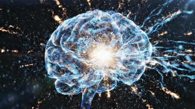 Abstract glowing brain with electric sparks and energy bursts, representing intelligence, consciousness, and neural activity in a futuristic digital space