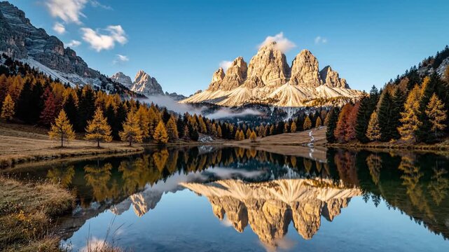 Breathtaking Autumnal Panorama of Lake Antorno in the Italian Dolomites Featuring Tre Cime di Lavaredo Peaks within a National Park Setting, Scenic Alpine Landscape at Golden Hour Sunset.