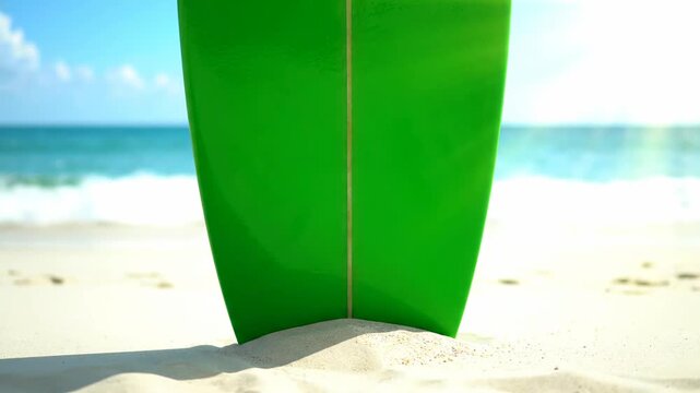 Green surfboard standing upright on white sandy beach with blue ocean background for summer travel