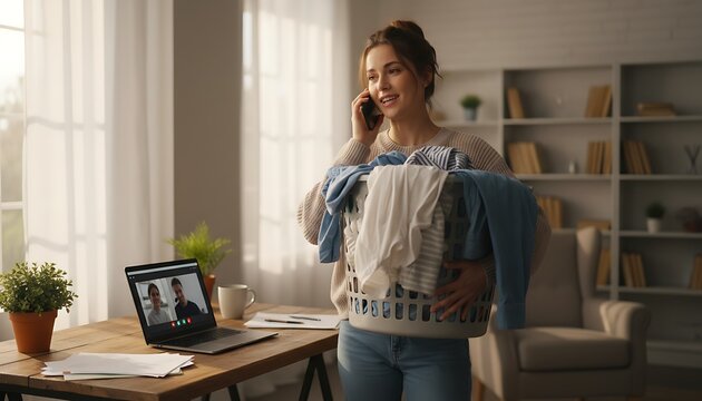 Woman balances remote work and home life, multitasking with laundry and a phone call, showcasing modern work-life integration from her bright home office