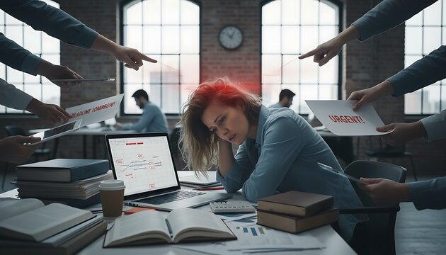 Overwhelmed businesswoman under pressure, surrounded by pointing fingers and urgent tasks, feeling stressed and anxious at her desk