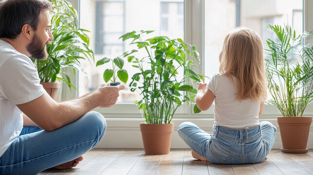 Young father and little daughter sit on the floor near large green houseplants, watering and caring for indoor plants in a bright modern apartment, promoting family bonding and eco lifestyle