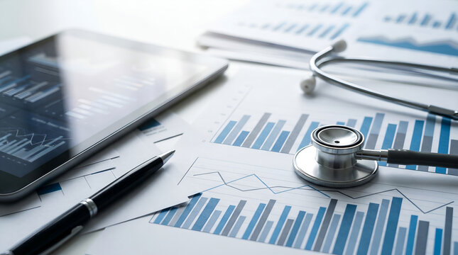 Detailed statistical analysis and financial planning for healthcare services, represented by medical equipment and business charts