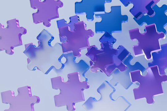 3d holographic jigsaw pieces. teamwork concept. banner background puzzle connection integration for website header. advertising for saas collaboration software. 3d render.
