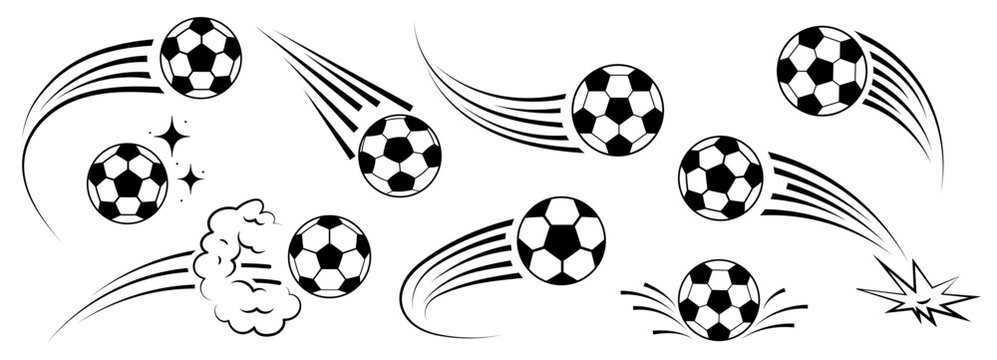 Soccer ball football icon for goal and vector logo illustration in the sport graphic set design through flying foot motion. White abstract black element