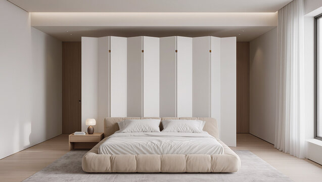 Minimalist Bedroom Interior with Platform Bed and Folding Screen