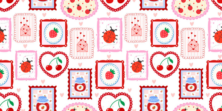 Spring frame flower and floral seamless patchwork with bow cute pattern. Kawaii kid background and coquette stationery plaid with check cottagecore texture. Berry spring ornament and quilt.