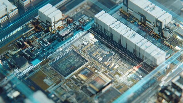 Complex microchip with intricate circuitry forms the core of an advanced electronic system, visualizing data processing and the future of information technology