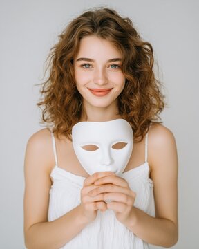 白いマスクを持つ笑顔の女性。心理や自己表現のイメージ素材