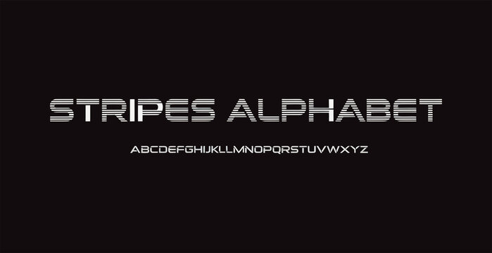 A stylized stripes alphabet display on a black background with white letters and font