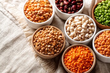 Fototapeta premium Assorted Lentils and Beans in Small Ceramic Bowls Arranged with Symmetry on a Neutral Background