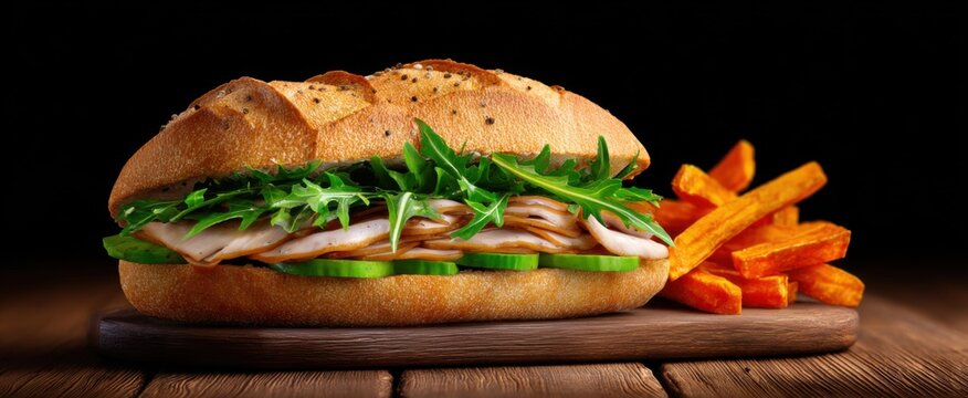 Turkey sandwich with avocado arugula and crispy carrot fries on a rustic wooden table