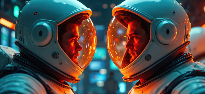 Two astronauts in white helmets with orange visors face each other in space station. One astronaut looks forward, other one looks aside. Blue and orange lights illuminate their faces.