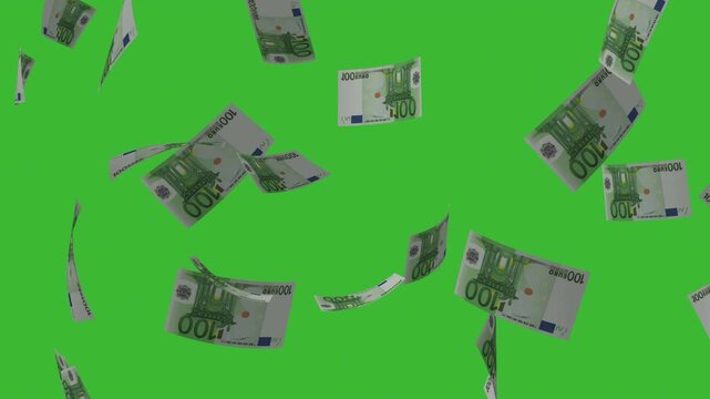 Falling euro banknotes on green screen background, seamless loop animation of money rain, finance concept, wealth, economy, business growth visual