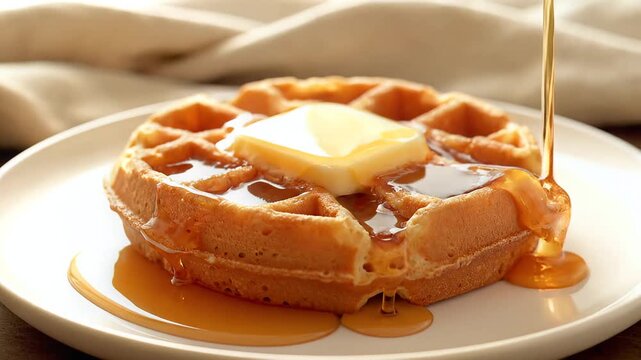 Golden waffle with melting butter and pouring syrup on a white plate for breakfast
