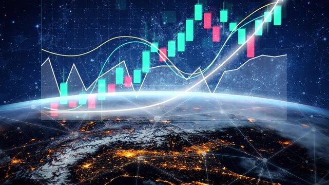 A stunning digital visualization of global stock market trends, featuring charts and graphs that symbolize growth on a vibrant Earth background, representing financial insights. Copula