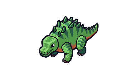 Fototapeta premium Cute cartoon green dinosaur-like creature with spikes and stripes on a white background.
