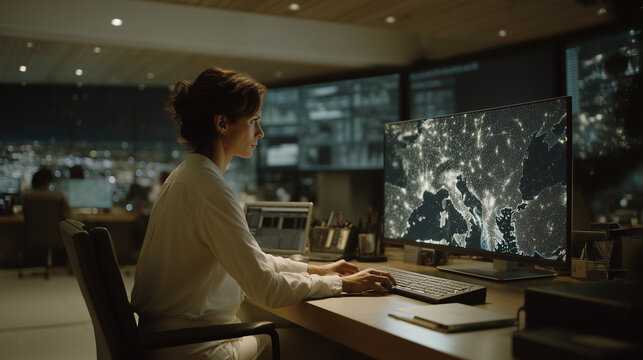 Holographic threat map projecting cyber attack vectors across three dimensional global network topology as security team analyzes patterns in collaborative war room, perfect for artificial intellige