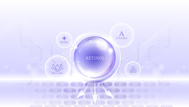 Premium Retinol vitamin A skincare serum deep absorption into skin cells layer concept. Purple glowing bubble with DNA background for medical anti aging cosmetic treatment vector illustration.