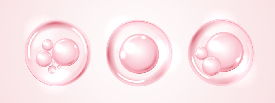 Pink collagen serum water drops. Cosmetic moisture bubbles isolated for skincare, anti-aging beauty product design. Abstract liquid cell graphic for medical and scientific hydration concept banner.