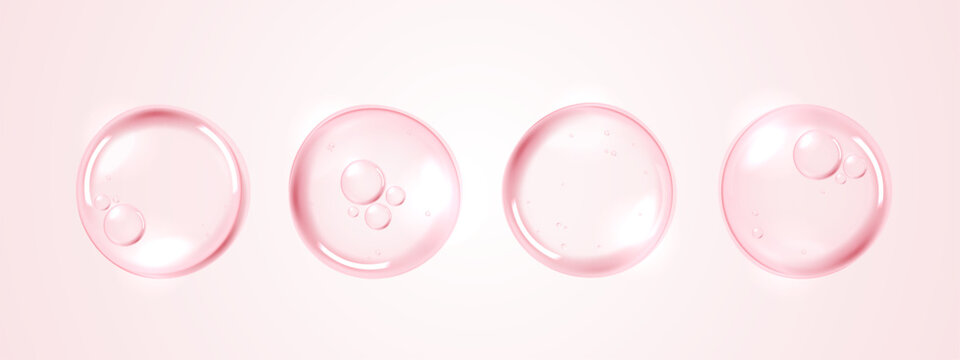 Clear red water drops and cosmetic serum bubbles isolated on light background. Realistic liquid graphic for skincare hydration, hyaluronic acid anti-aging beauty product and medical design banner.