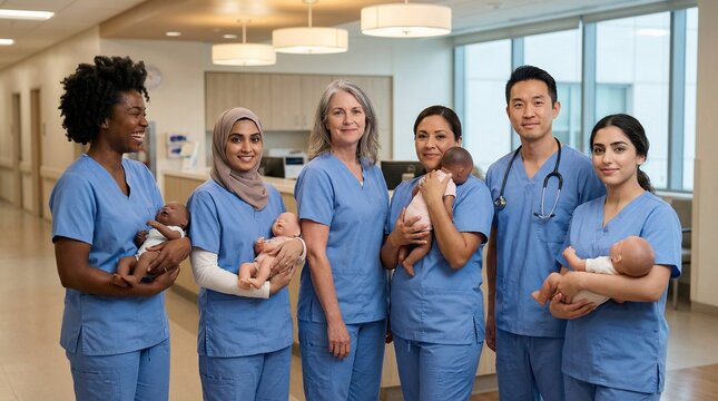 Group of diverse midwives holding newborns in hospital setting for International Midwife Day  