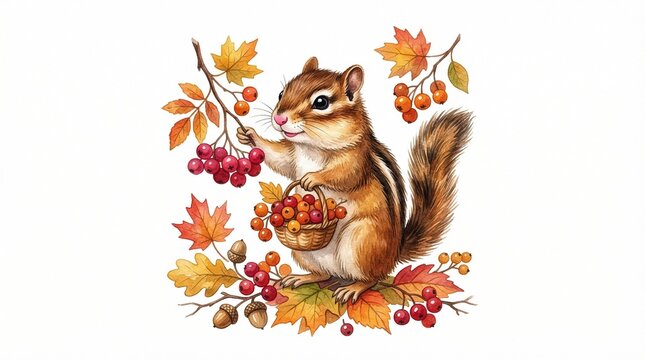 Charming watercolor chipmunk illustration, a cute autumn animal gathering red berries and fall leaves, perfect for seasonal designs and children's books.