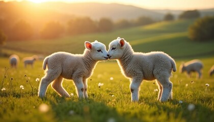 Obraz premium Two fluffy young lambs butt heads in a sunny green pasture. Cute baby sheep play together on a field with flowers. Springtime farm animals show innocence and friendship in warm light.
