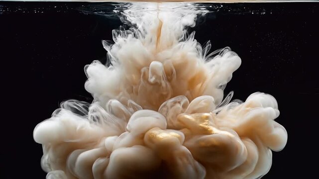 Creamy white and golden liquid dispersing in clear water against a dark background for abstract art