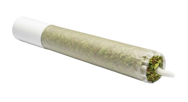 Pristine cannabis pre-roll, tightly rolled, with light tan semi-translucent paper, visible fibers, white filter, and green flower on a solid white background, high-end product concept
