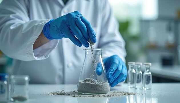 Scientist adds fly ash to beaker in lab. Researcher tests material for concrete mix. Chemist analyzes powder in flasks, vial, checks quality.