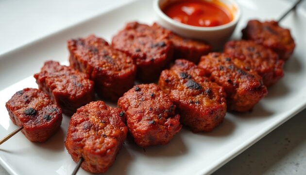 Spicy beef skewers suya arranged on white platter with side of dipping sauce. Grilled meat crisp texture, rich red coating. Food photography perfect for culinary blogs, ethnic cuisine features.